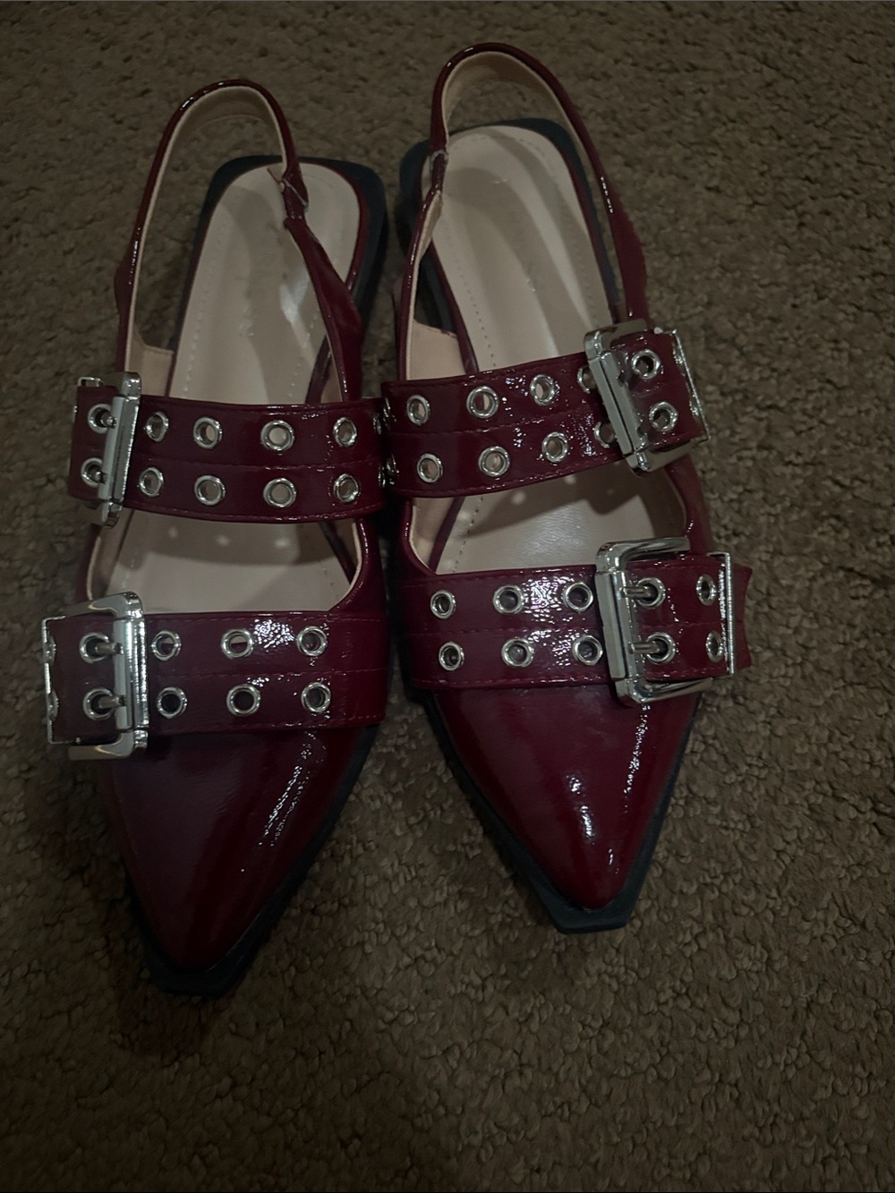 Patent Burgundy Pointed Slingback Flats with Buckle Straps